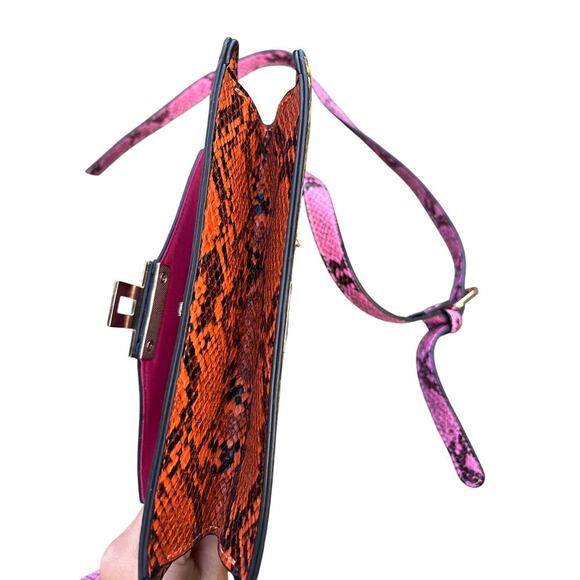 Snakeskin Patchwork Crossbody Satchel Bag Pink Multi Chain Tassel - Picture 4 of 6